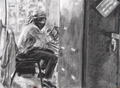 Charcoal illustration of a classmate sitting at a desk behind a black locker. Light is shining from the background on their back.