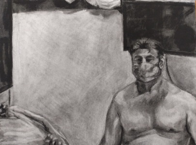 Charcoal illustration of a naked man infront of an off TV, looking forward and wearing a mask.
