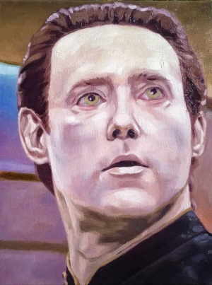 Oil portrait of Data from Star Trek looking past the viewer. He has shiny pale skin, light green eyes, and brown slicked back hair.