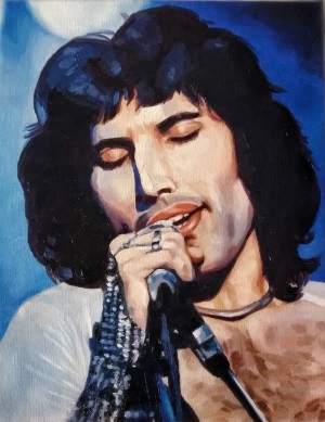 Oil painting of Freddie Mercury singing into a mic.