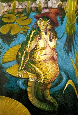 Marker illustration of a witch, toad, tadpole hybridsitting on a lily pad in a pond. She has specked green skin, a tail, and a toadlike face.