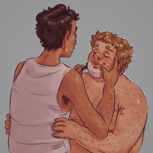 Digital illustratuion of Lazaro tenderly holding Marks face to shave it. Mark is holding ontop Lazaro's waist.