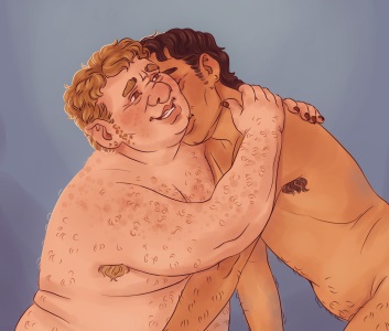 Digital illustration of Mark and Lazaro naked and pictured from the waist up, with Lazaro crawling onto Mark, kissing his neck, making Mark giggle as he grips onto Lazaro's shoulders.