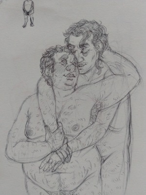 Pen sketch of Lazaro hugging Mark from behind. Mark is looking up so they are looking at each other tenderly.