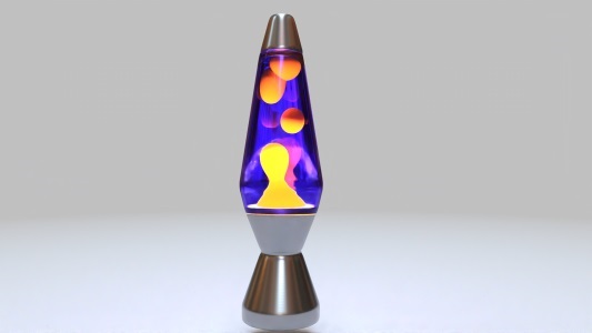 3D model of a lava lamp in a silver base, with purple liquid and yellow wax.