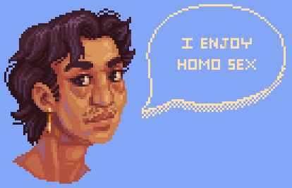 Detailed pixel portrait of my character Lazaro. He has tan skin and black wavy hair. He is saying, I enjoy homo sex.