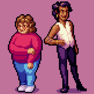 Pixel art of my characters Mark and Lazaro. Mark is shyly holding onto his arm and Lazaro has one hand on his hip.