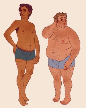 My characters Mark and Lazaro standing next to each other in their underwear, as a reference of their bodies.