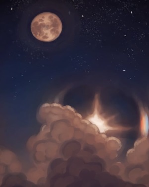 Digital painting of a night sky with a moon and clouds. The sun is also present in an unrealistic manner and has a rainbow halo.