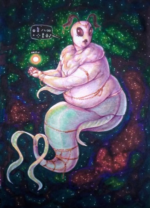 Marker illustration of a fat mermaid moth alien floating in space. She has a fuzzy white upper torso, fluffy mane, big eyes, antennae, and a pale green fish tail.