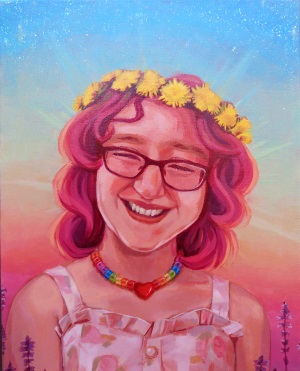 Acrylic portrait of my friend Ren who is grinning. They are all pink and infront of a sparkly soft rainbow sky gradient.