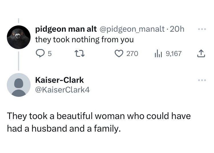 screenshot from a twitter thread. Twitter user Pidgeon Man Alt responds to someone out of screenshot, saying, 'they took nothing from you.' Twitter user Kaiser Clark responds, 'they took a beautiful woman who could have had a husband and a family'.