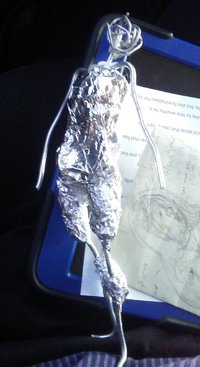 a rough humanoid foundation made of wire and tin foil