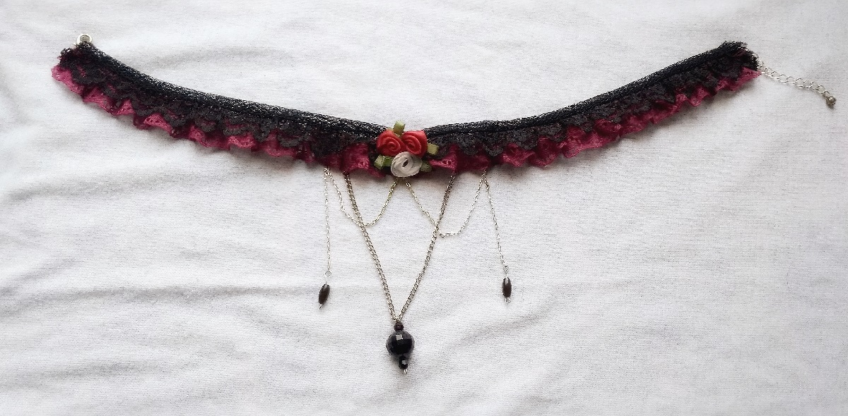 lace choker with chains, beads, and flowers