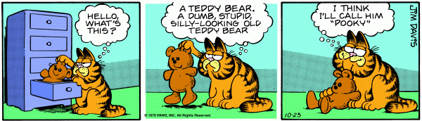 Garfield is looking through a drawer and pulls out a teddy bear. He says, 'Hello, whats this? A teddy bear. A dumb, stupid, silly looking old teddy bear ...  I think I'll call him Pookie'.