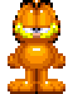Animated pixel art of Garfield standing and spinning.
