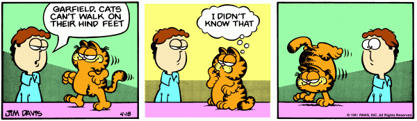 Comic strip where Garfield walking on his hind feet (which are small). Jon says, 'Garfield, cats can't walk on their hind feet' Garfield says, 'I didn't know that' and switches to walking on his front feet with a smug expression