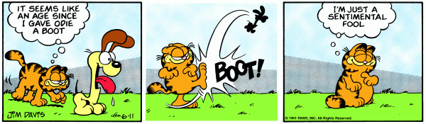 Garfield kicks Odie while outside.