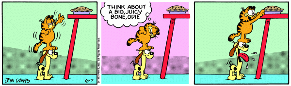 Garfield stands on Odie's head to reach a pie.