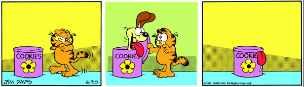 Garfield opening a cookie jar only to find Odie in it. He standing the entire strip.