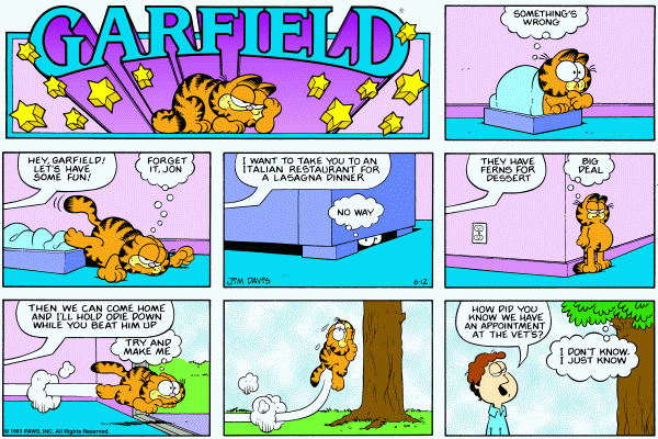 Long Garfield strip showing him hiding from Jon who's trying to take him to the vet. In one panel he is standing up against a wall.