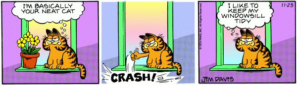 Garfield pushes a potted plant off a window sill