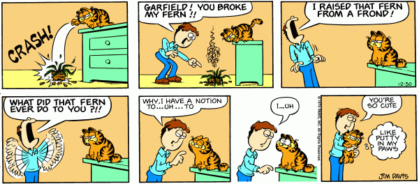 Garfield pushes Jon's fern off a dresser, and Jon is mad until Garfields cuteness wears him down