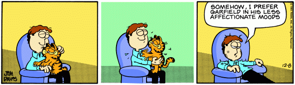 Jon petting Garfield in his lap. Garfield is kneeding on Jon, tearing his clothes