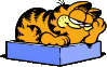 Garfield in his bed, head rested on his hand.