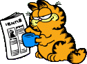 Garfield holding a newspaper and cup of coffee.