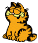 Garfield sitting, eyes closed pleased.