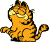 Garfield sitting, front paws propped, eyes closed contently.