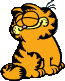 Garfield sitting, head over sholder, eyes closed contently.
