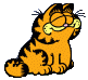 Garfield sitting, eyes closed contently.