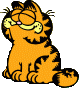 Garfield sitting, head up, eyes closed contently.