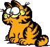 Garfield sitting, looking down excited.