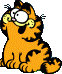 Garfield sitting, looking up extra excited.
