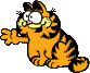 Garfield sitting, reaching out, excited.