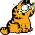 Garfield sitting, looking up excited