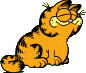 Garfield sitting forward, eyes closed contently.