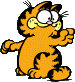 Garfield sitting upright, waving over shoulder.