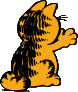 Garfield sitting upright, back to viewer, waving.