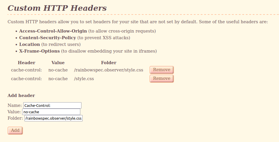 screenshot showing the Nekoweb site settings header tab, which has three text inputs, name, value, and folder.