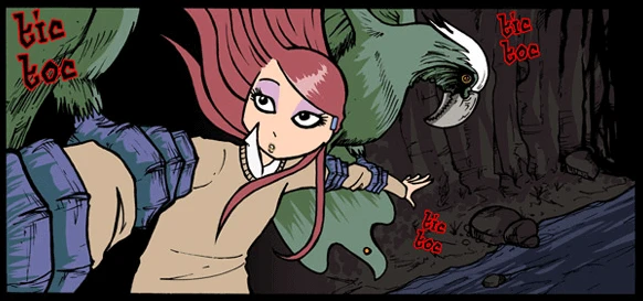 Two green birds lifting Annie up by her arms, slightly above the river.