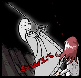 A ghost lightly slices Annie with a long thin sword.