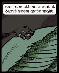 Close up of a green bird wing, showing wires at a tear in the joint. Annie narrates: But something about it didn't seem quite right.