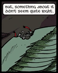 Close up of a green bird wing, showing wires at a tear in the joint. Annie narrates: But something about it didn't seem quite right.