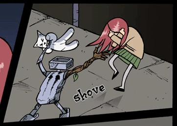 Robot pushing Annie of the bridge with his tree arm, holding Renard in his other hand.
