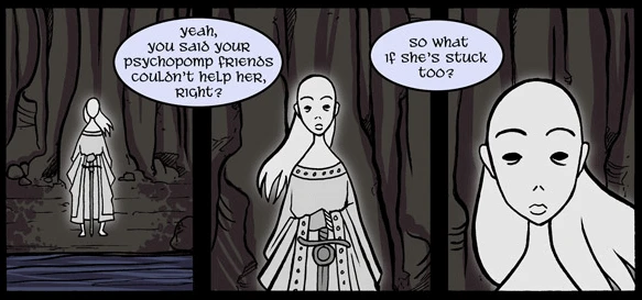 Three panels slowly zooming in on a female ghost standing at the edge of a shore in the ravine. Kat narrates: You said your psycopomp friends couldn't help her right? So what if she's stuck too?