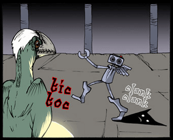 Robot marches along the bridge, casting Shadow the character behind him. A creepy green parrot like bird is in the foreground observing.